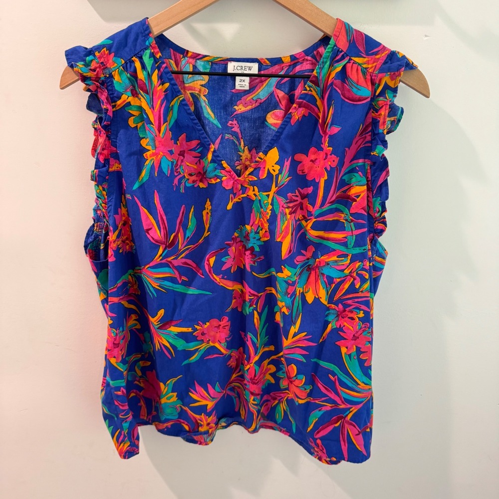J.Crew Womens 2X Tropical Floral Matching Set Top and Tiered Skirt BR770 Blue - Picture 2 of 11
